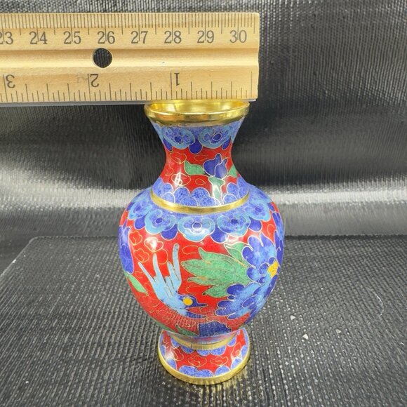 Vintage Chinese Cloisonne Vase Vessel Bud Vase Blue Red Bird Flowers Metal VTG - Picture 4 of 12